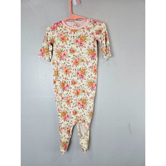 Mudpie Gown Infants 0-3 Months White Pink Knotted Gown Floral Bamboo Baby Girl - Picture 1 of 8